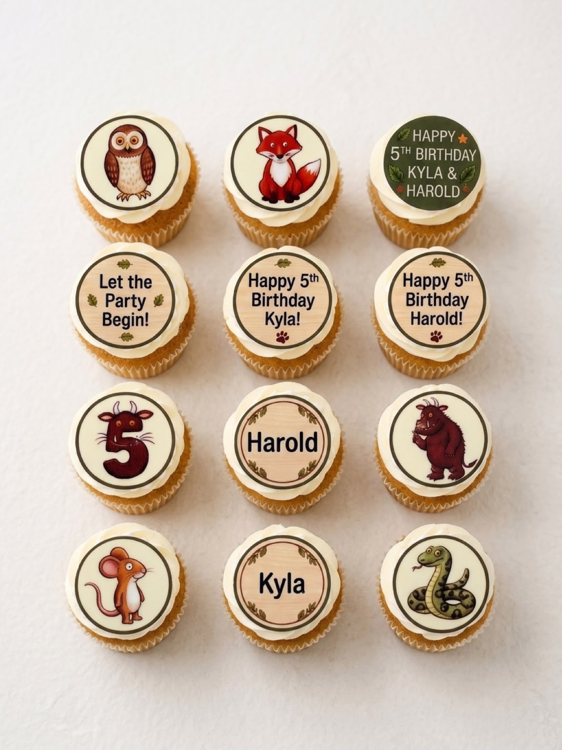 Woodland themed birthday cupcakes with edible prints