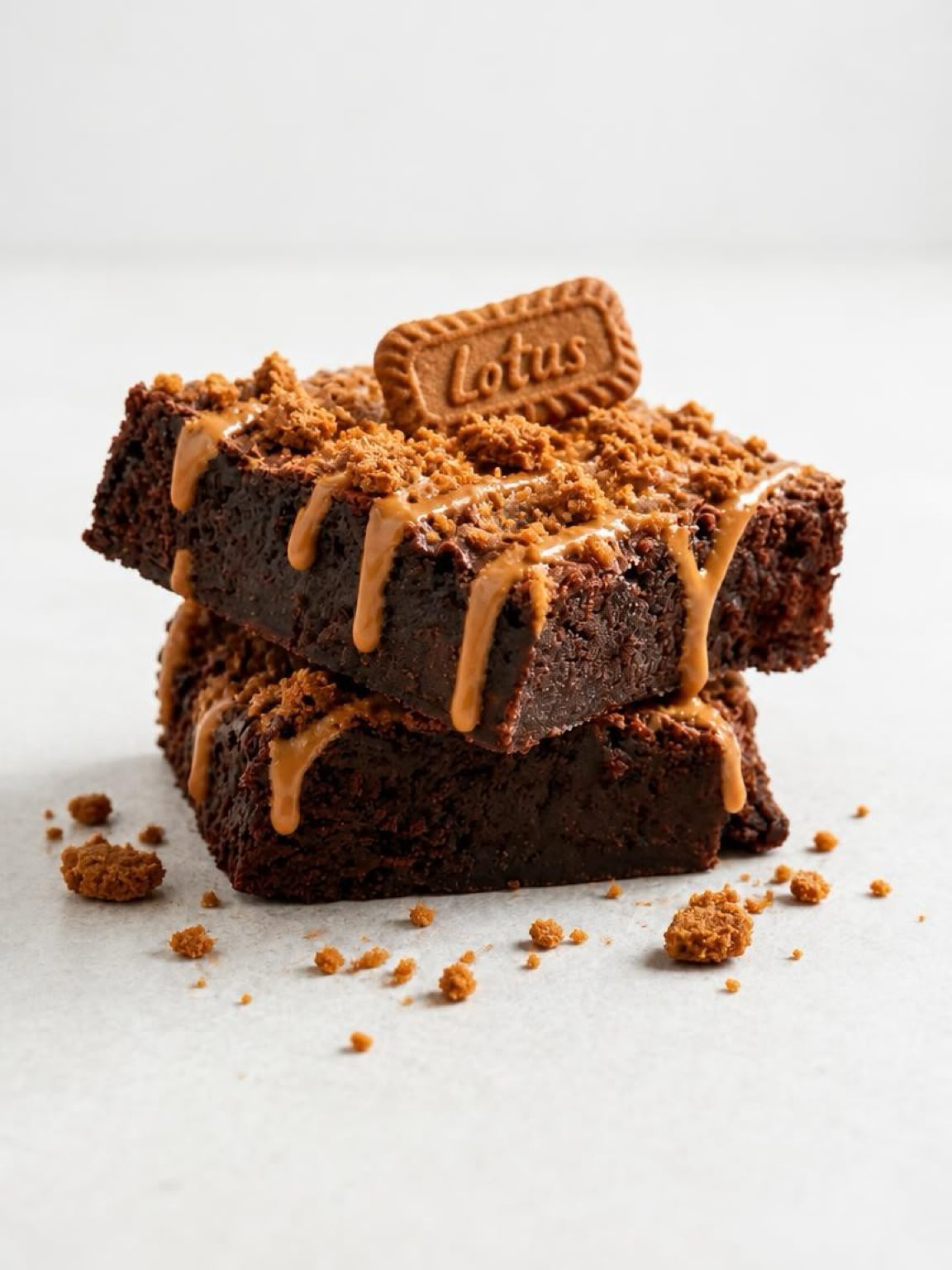 Chocolate and Biscoff brownies stacked on a marble stand